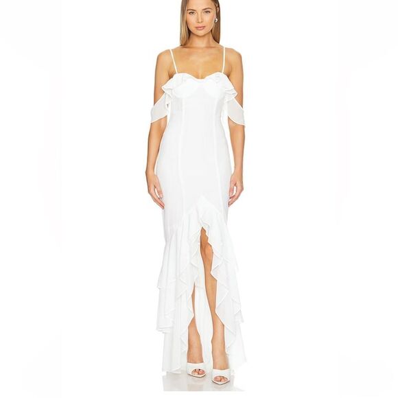 NWT More To Come Adriana Gown White chiffon maxi ruffle Revolve L - Picture 1 of 8